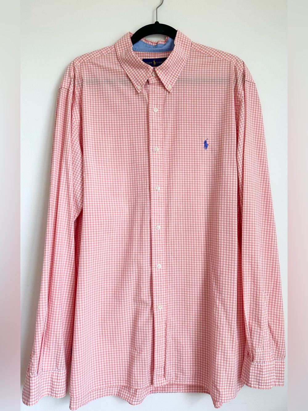 RALPH LAUREN Salmon Gingham Slim Button Down Shirt with Blue Pony Size XXL